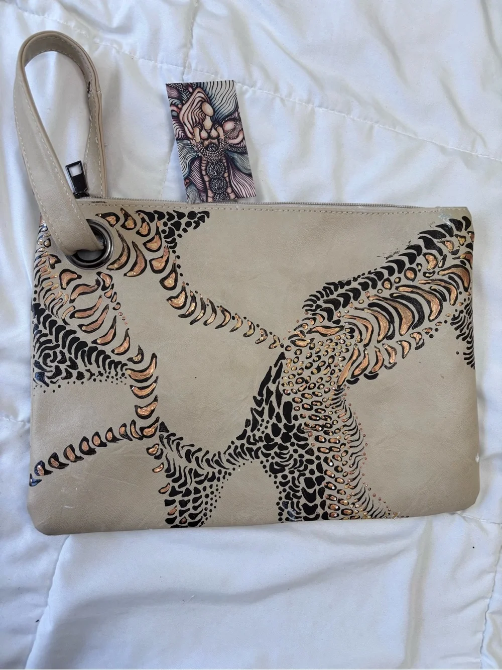 Wristlet Clutch in Taupe with Black and Metallic Accents. Hand painted